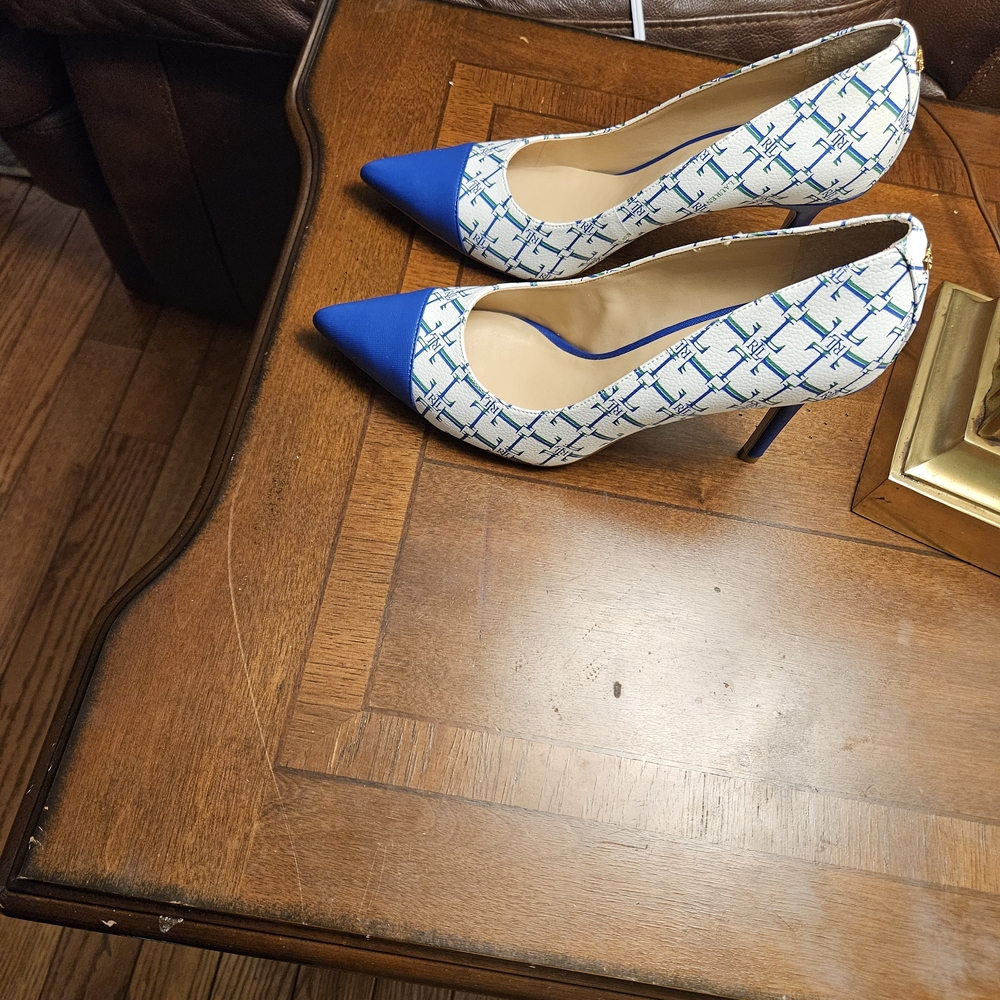 Ralph Lauren Blue and White Patterned Heels